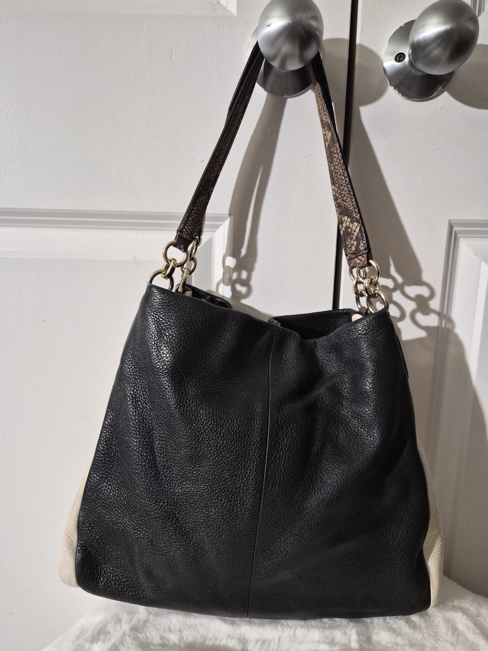 Coach Black & Cream Leather Shoulder Bag with Snake-Print Strap